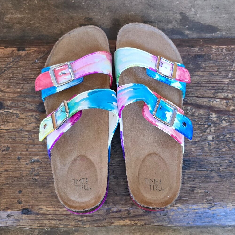 Never worn size 8 hand-colored tie-dye Birk-style sandals!